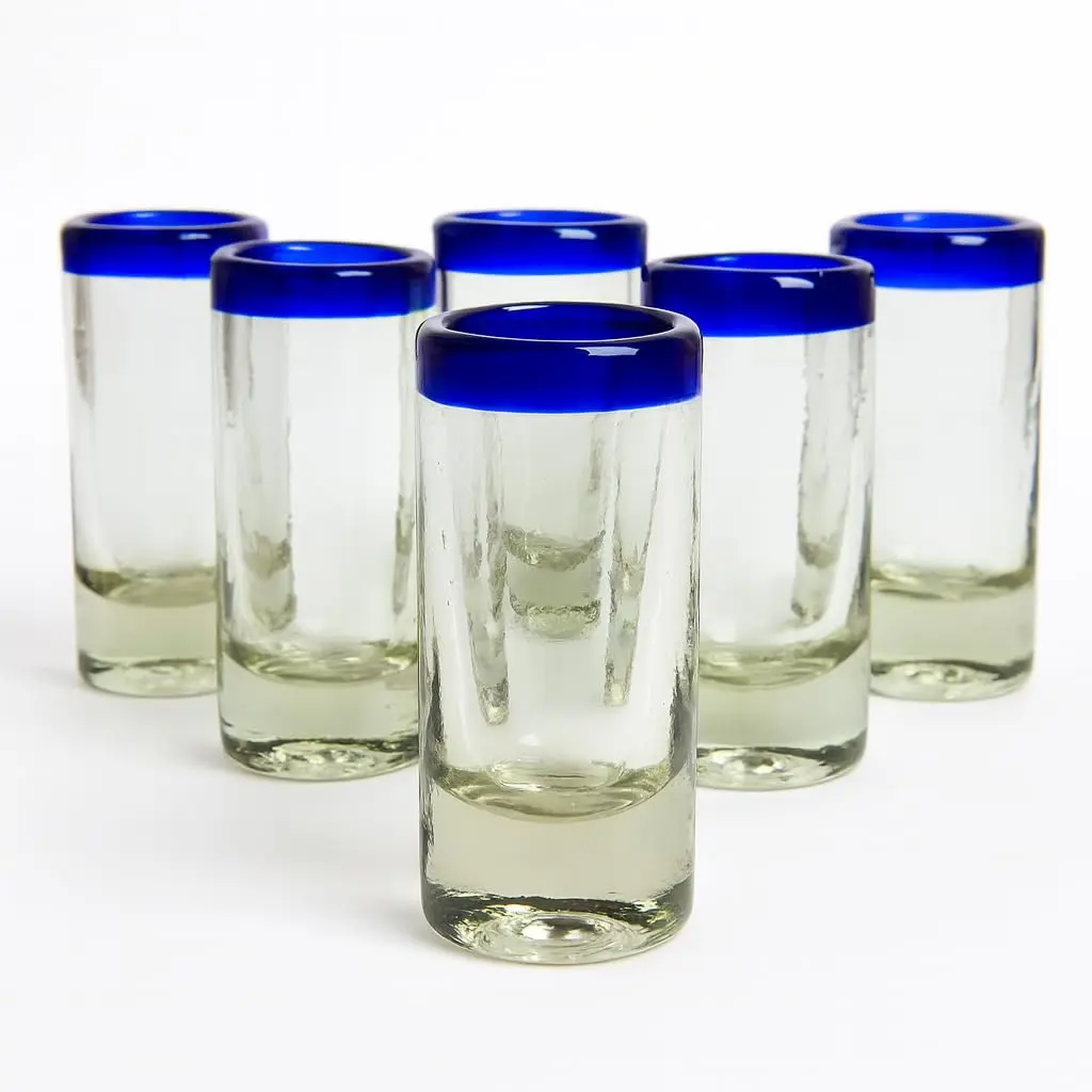 DREAMCO SUPPLIES Mexican Hand Blown Shot Glasses, Blue Rim, Set of 6, 2 oz Tequila Glasses, Clear Glass