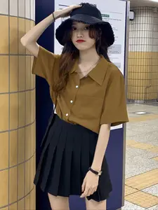 Summer Simple Solid Color Camel Women's Shirt, Moderate Thickness Fitted Short Sleeve, Casual Style for Everyday Wear