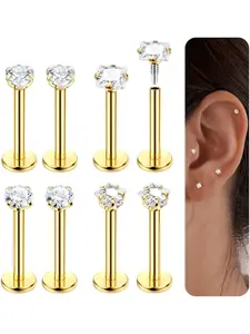 8 Pcs Golden Silvery Mixed Tragus Helix Studs Set for Women Men Hypoallergenic Stainless Steel Piercing Jewelry Comfortable Flat Back Labret Stud Multipurpose Pieces Skin-safe for Sensitive Skin Types, Non Tarnish Jewelry
