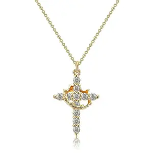Moodear Women's Gifts for Women Gold Layered Crown Cross Pendant Necklace Simple Cubic Zirconia Gold Necklaces Faith Cross Jewelry