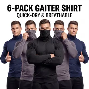 【6-Pack】Men's Built-in Mask Sun Shirts - Long Sleeve Quick Dry Athletic Workwear for Fishing & Outdoors