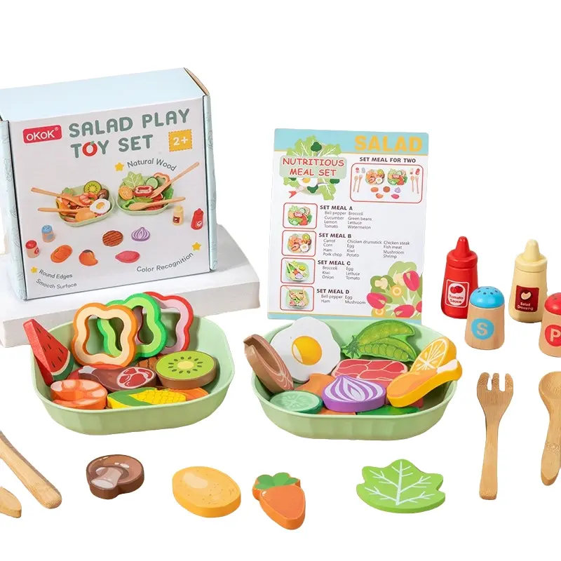 Realistic Food Toy Set, Wooden Salad Playset, Toddler Playset, Pretend Kitchen Toys, Pretend Cooking Set, Play Food Sets, Role-Playing Game, Educational Gift for Kids