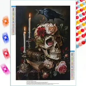 5D Diamond Painting, Skull And Flower Candle Holder Design, DIY Mosaic Wall Art Kit, Handmade Home Decoration Gift, Handmade Gifts, Diamond Painting Kits