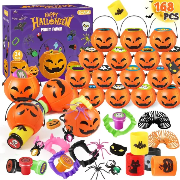 Halloween Fall Gift 168 PCS Halloween Party Favors For Kids, 24 Pack Prefilled Halloween Pumpkins With Toys, Halloween Toy Bulk For Kids Gifts & Trick or Treat, School Classroom Rewards