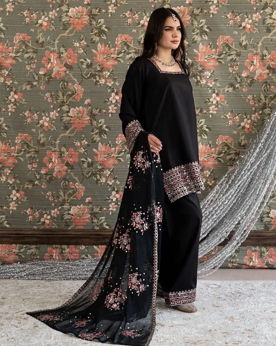 Elegant Black 3-Piece Suit with Georgette Dupatta