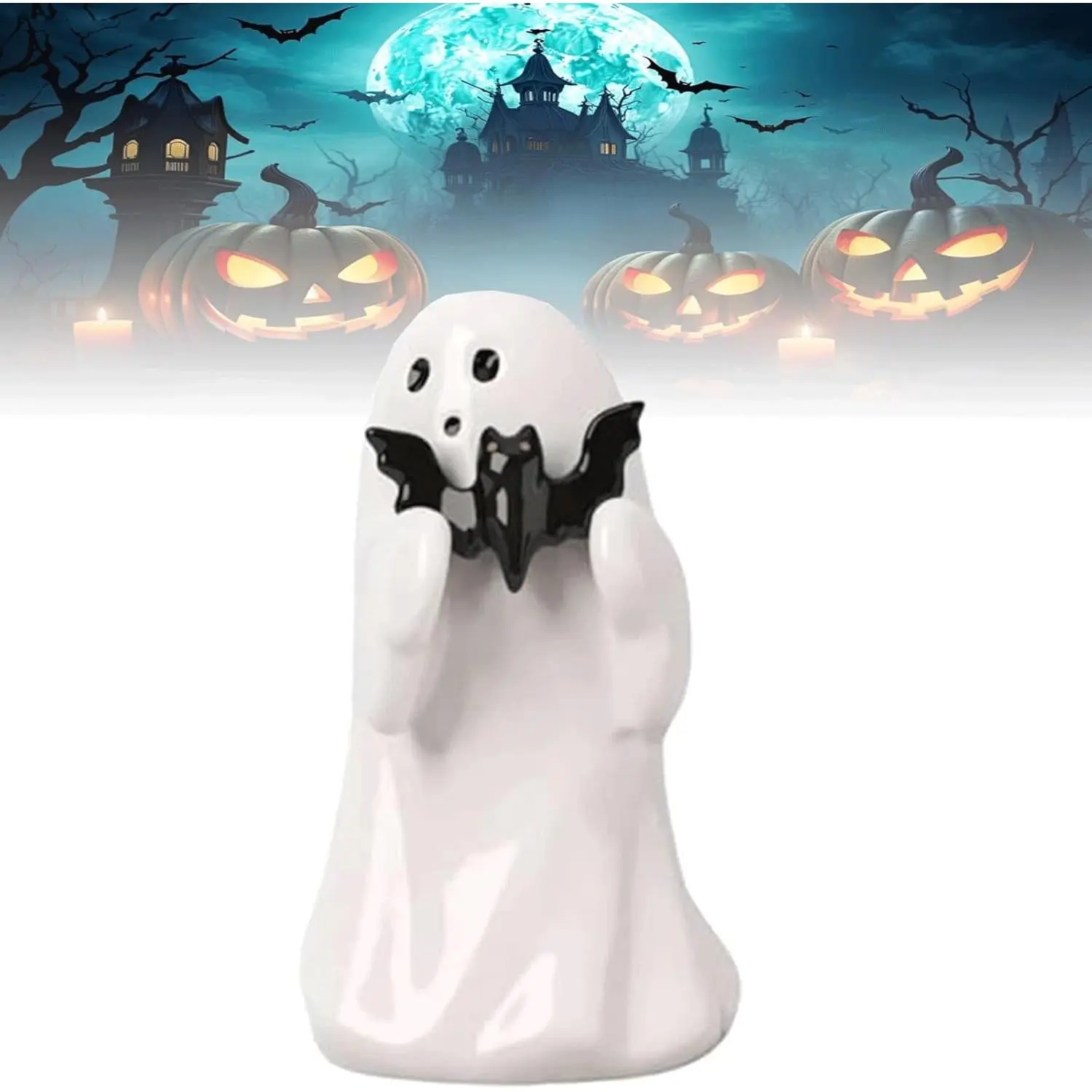 2024 New 4.5 Inch Polyresin Cute Ghost Figurine Sculpture - Decorative Ornament with Pink Pumpkin, Bat, Realistic Detail, Indoor Outdoor Halloween Aesthetic Home Festive Decor for Bookshelf, Tabletop