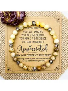 Self-Love Affirmation Crystal Bracelet - Yellow Calcite & Picture Jasper Beaded Bracelet for Positivity & Confidence