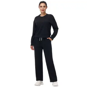 Women's 2 Piece Outfits 2025 Fall Fashion Airport Wide Leg Pants Lounge Set Leisure Travel Vacation Clothes Textured Sweatsuit Sporty Style