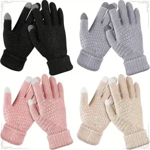2026 4 Pairs Women's Winter Touch Screen Gloves Soft Warm Fleece Lined Knit Elastic Cuff Texting Gloves