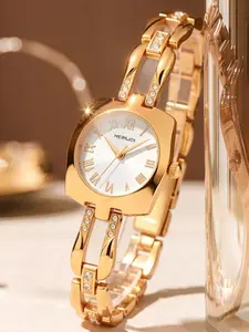 French Vintage Gold Watch for Women, Wine Barrel Case with Roman Numeral Dial, Dual Layer Hollow Strap Decorated with Diamonds