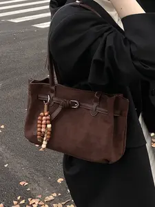 Women's PU Velvet Large Capacity Hand Shoulder Bag, Vintage Design with Zipper Closure, Perfect for Office, School, Work, Travel