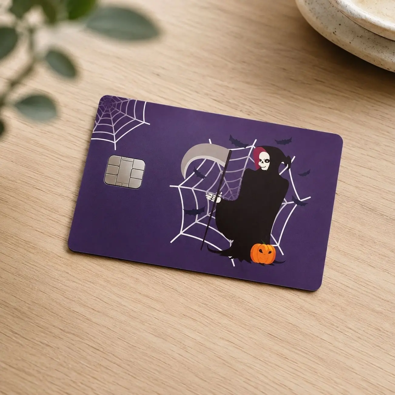 (2pcs per pack) Spooky Skeleton Halloween Card Skin Sticker, Purple Pumpkin Bat Spider Web Card Cover Decal with Chip Cutout, Halloween Card Accessory