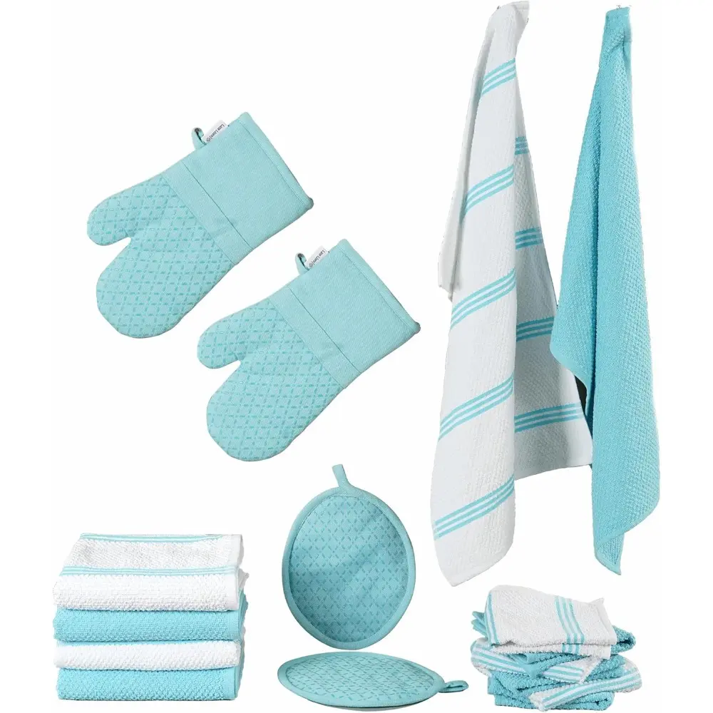 16 Pc Kitchen Towel Set-Heat Resistant Oven Mitts and Pot Holders, Reusable Dish Cloths, Absorbent Hand Towels - Aqua