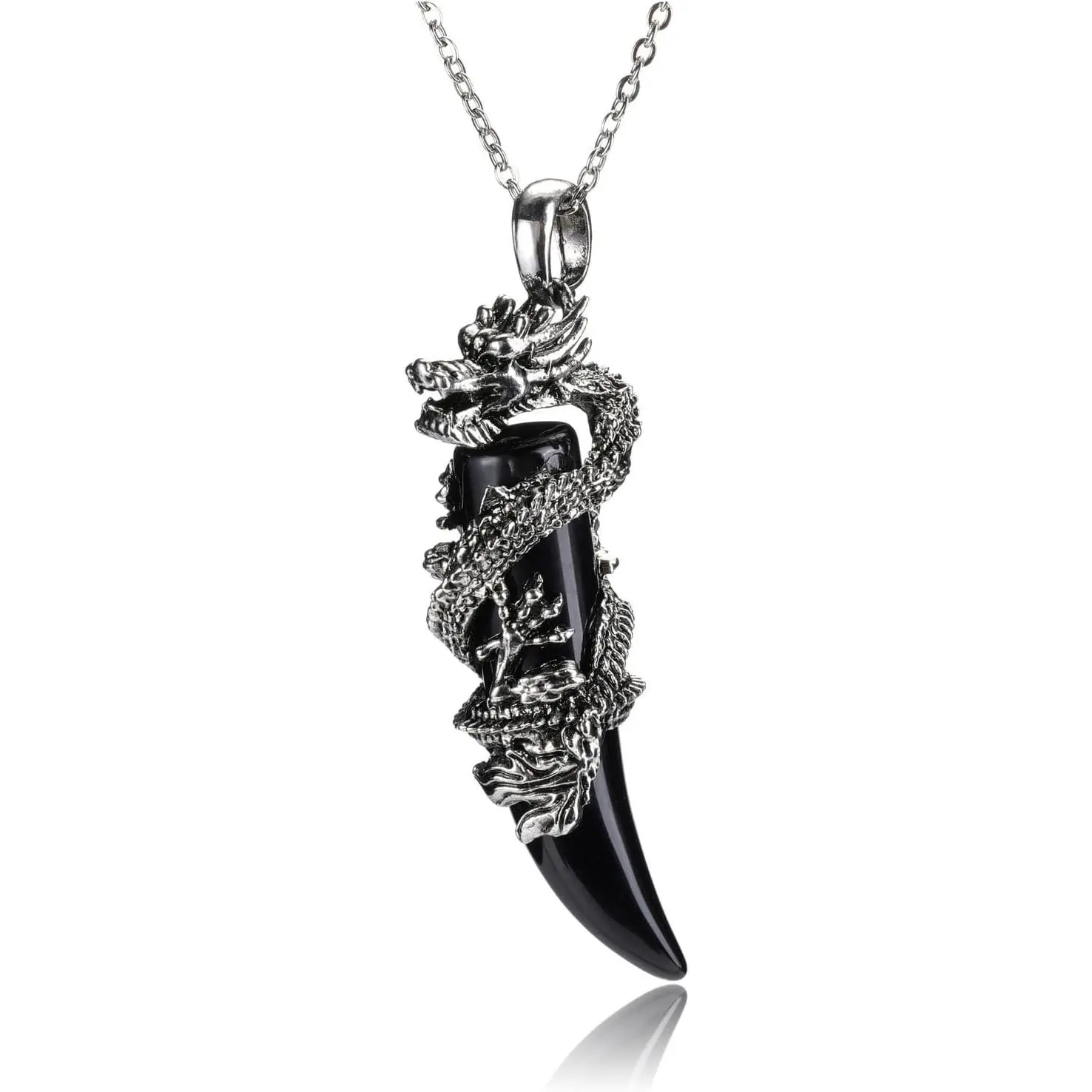 Mystical Dragon Pendant Necklace, Black Obsidian Crystal Stone Jewelry in a Wolf Tooth Shape for Unisex Spiritual Healing and Strength, Anniversary Gift, Crystal Stone Necklace, Obsidian Stone