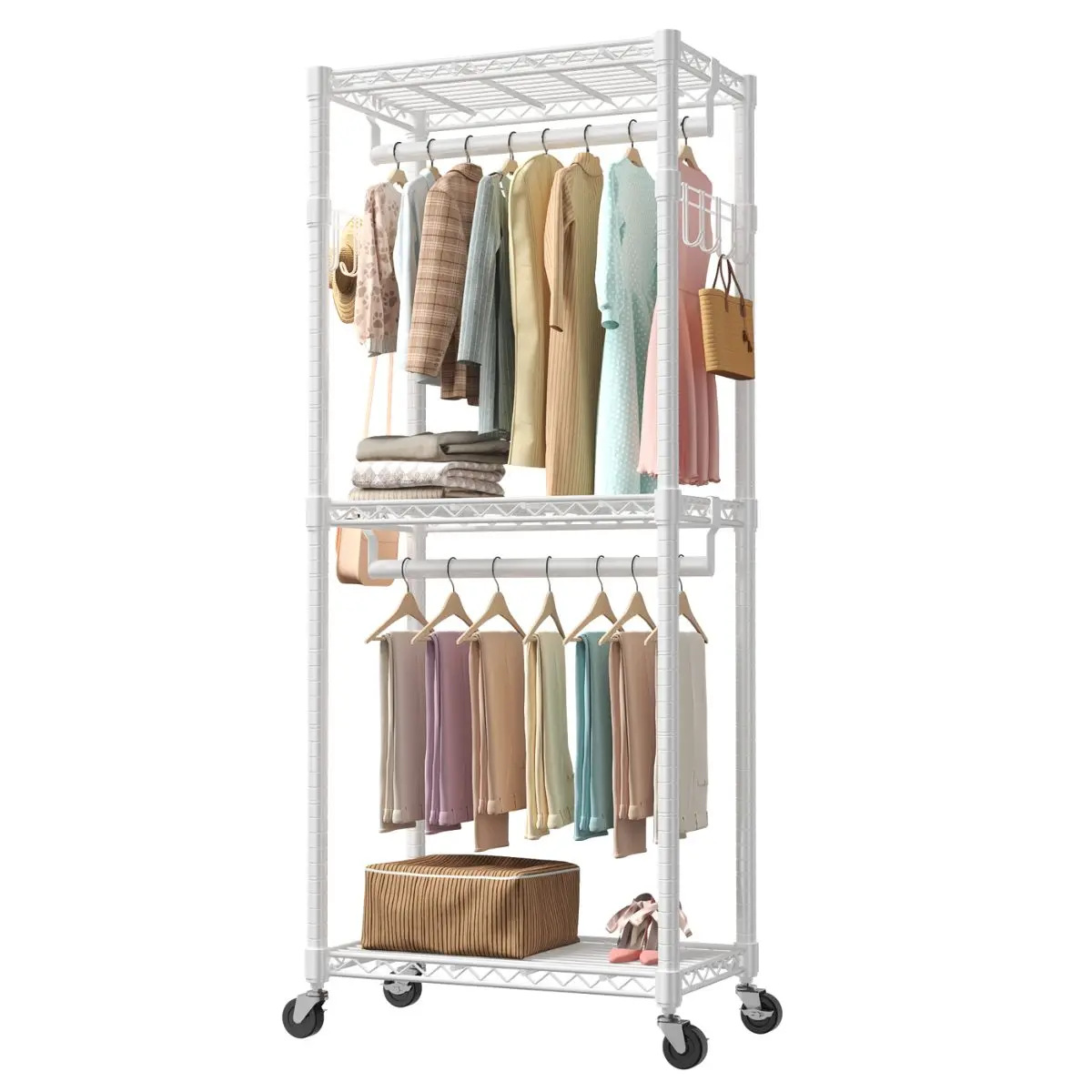 Clothes Rack Heavy Duty Adjustable Metal Garment Rack With Wheels Double Rods 2 Side Hooks Freestanding Rolling Closet Organizer For Hanging Clothes