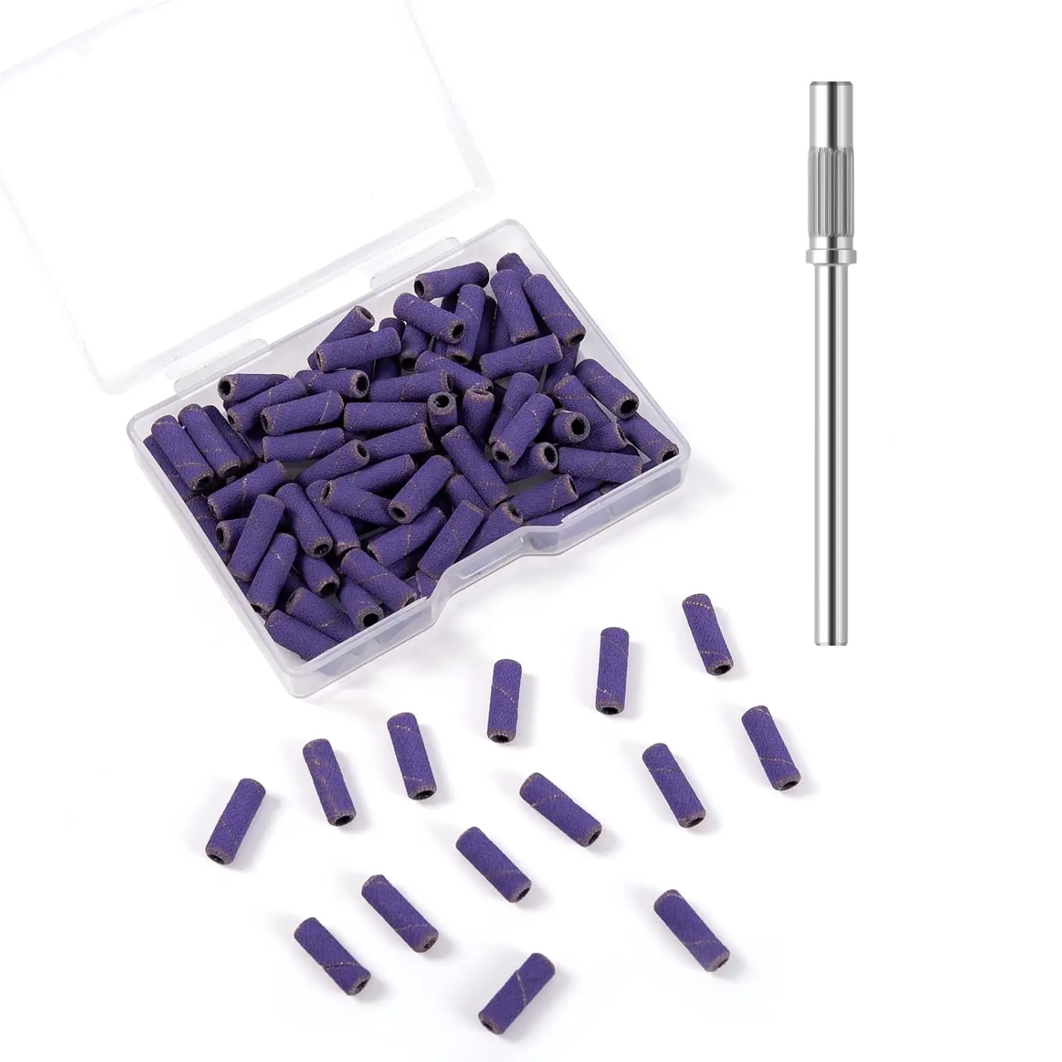 100-Count Small Purple Sanding Bands with 3.1mm Mini Sanding Mandrel Bits, 240 Grit Extra Fine Nail Art DIY Art Drill File Bits for Nail Care, Salon Hardware Supplies