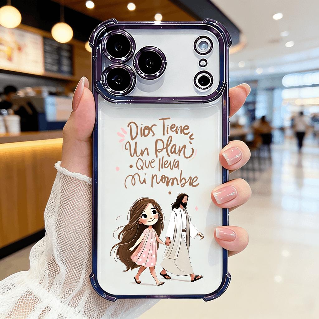 Dios Tiene Un Plan Que Lleva Mi Nombre Jesus & Girl Phone Case for iPhone 11 12 13 14 15 16 17 Pro Max Plus Air, Christian Faith Rose Gold Clear Shockproof Cover, Religious Gift for Women Girls DDSJ260404011