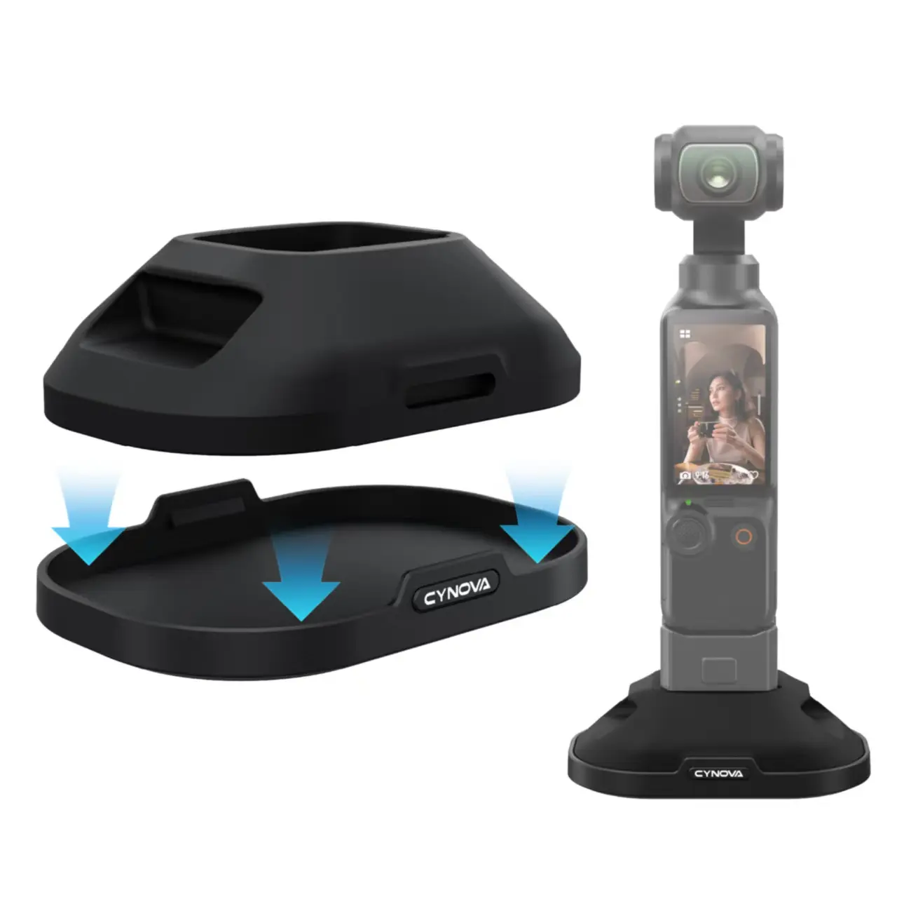 CYNOVA Silicone Camera Accessory Stand Base for DJI Osmo Pocket 4/3/Xtra Muse, Detachable Desk Stand-Tabletop & Car Mount, Non-Slip Stable Base with Charging Port Compatibility for Battery Handle, Vlog Accessories