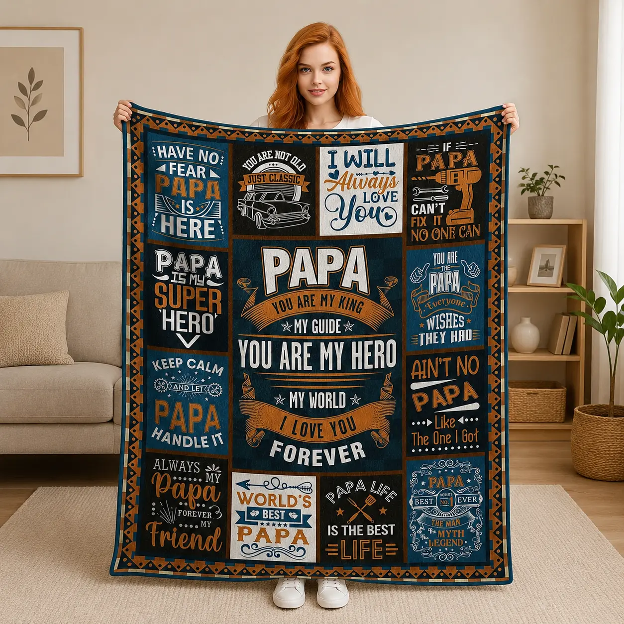Papa Themed Flannel Throw Blanket, Ultra Soft Cozy Fleece Blanket with Inspirational “Best Papa Ever” Quotes, All-Season Warm Throw for Grandpa’s Birthday, Father’s Day & Christmas Gifts
