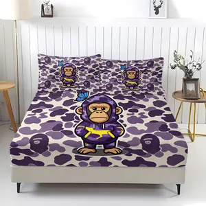 3-Piece Ape Head And Cloud Camouflage Pattern Fitted Sheet Set, Soft And Durable Bedding Set Including 1 Flat Sheet And 2 Pillowcases, Daily Holiday Birthday Gift Bedroom Decorations For Kids And Adults