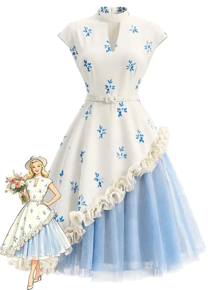 1950s Mock Neck 3D Rosette Polka Dot Mesh Dress Backtoschool Falloutfit