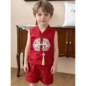 NewNew Summer Embroidered Children's Tang Suit Sets for Boys and Girls 2pcs Hanfu Vest 100% Polyester Preppy Style Regular Fit Over 3 Years Old