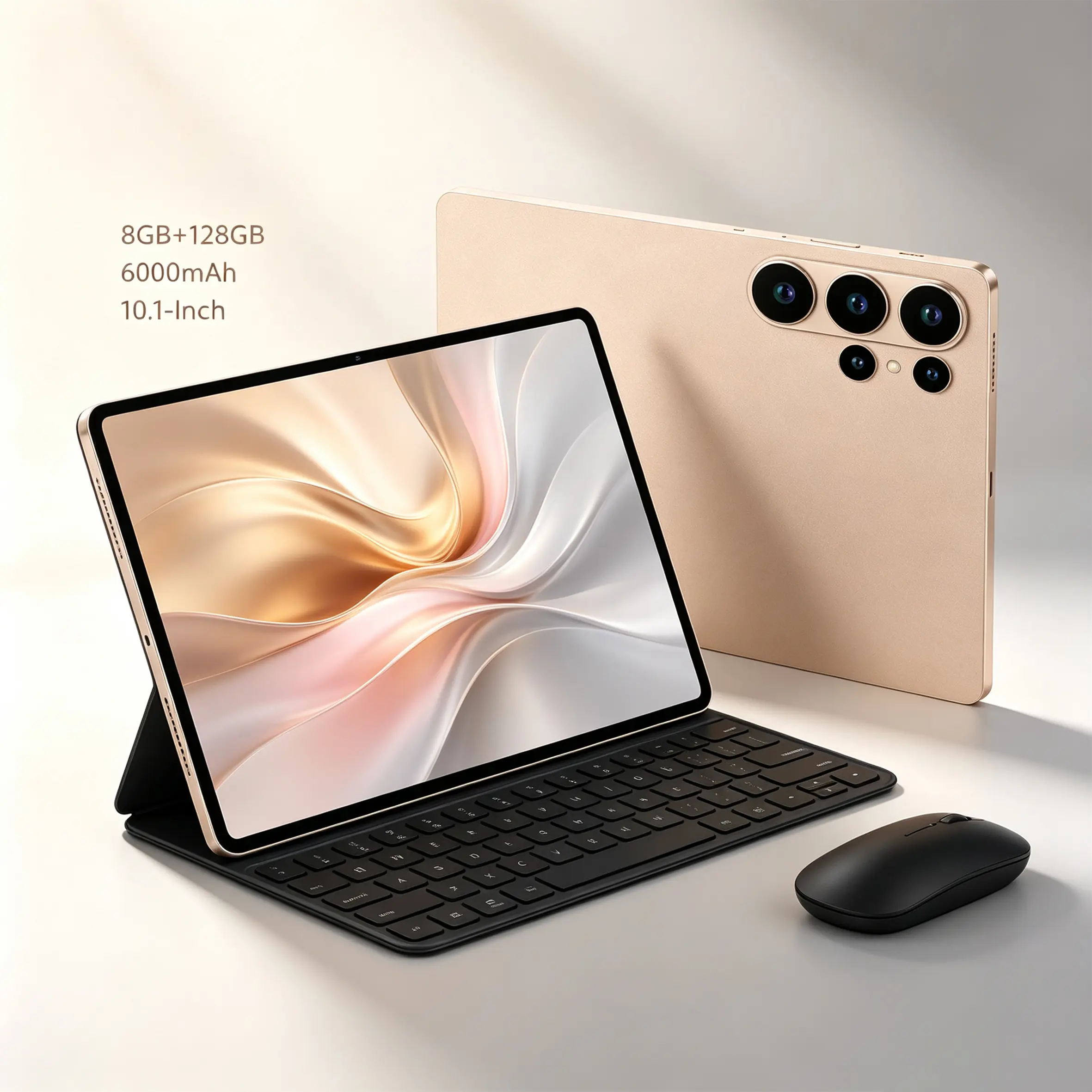 10.1 in IPS LCD Touch Screen Wifi Tablet, Android 15 2-in-1 with Keyboard, Mouse, Protective Case, 8GB RAM+128GB ROM, 1280×800 Display, 6000mAh Battery, 5G, GPS Support, Expandable Storage