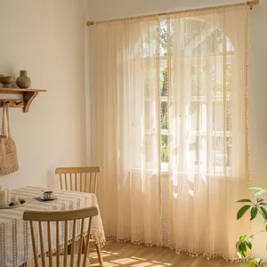 Bohemian Style Wooden Color Curtain, French Romantic Lace Sheer Drapes for Living Room Bedroom, Elegant Country Window Covering, Interior Decoration Accessories, Home Decoration Curtain