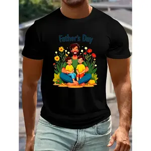 Celebrate Father's Day with a Comfortable Cotton T-Shirt Featuring Dad and Two Sons in a Garden Pumpkin Patch Ideal for Year-Round Wear and Machine Washable Gift for Dads