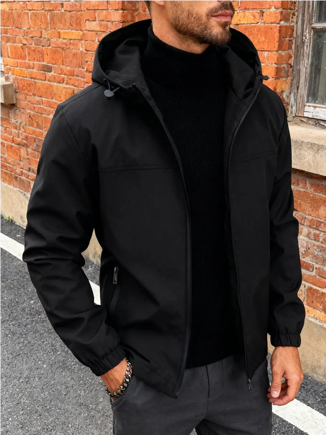 Men's spring and autumn hooded windproof jacket, Outdoor, 100% polyester fiber, versatile casual jacket, machine washable, easy to maintain fabric, suitable for daily outings, sports, jogging