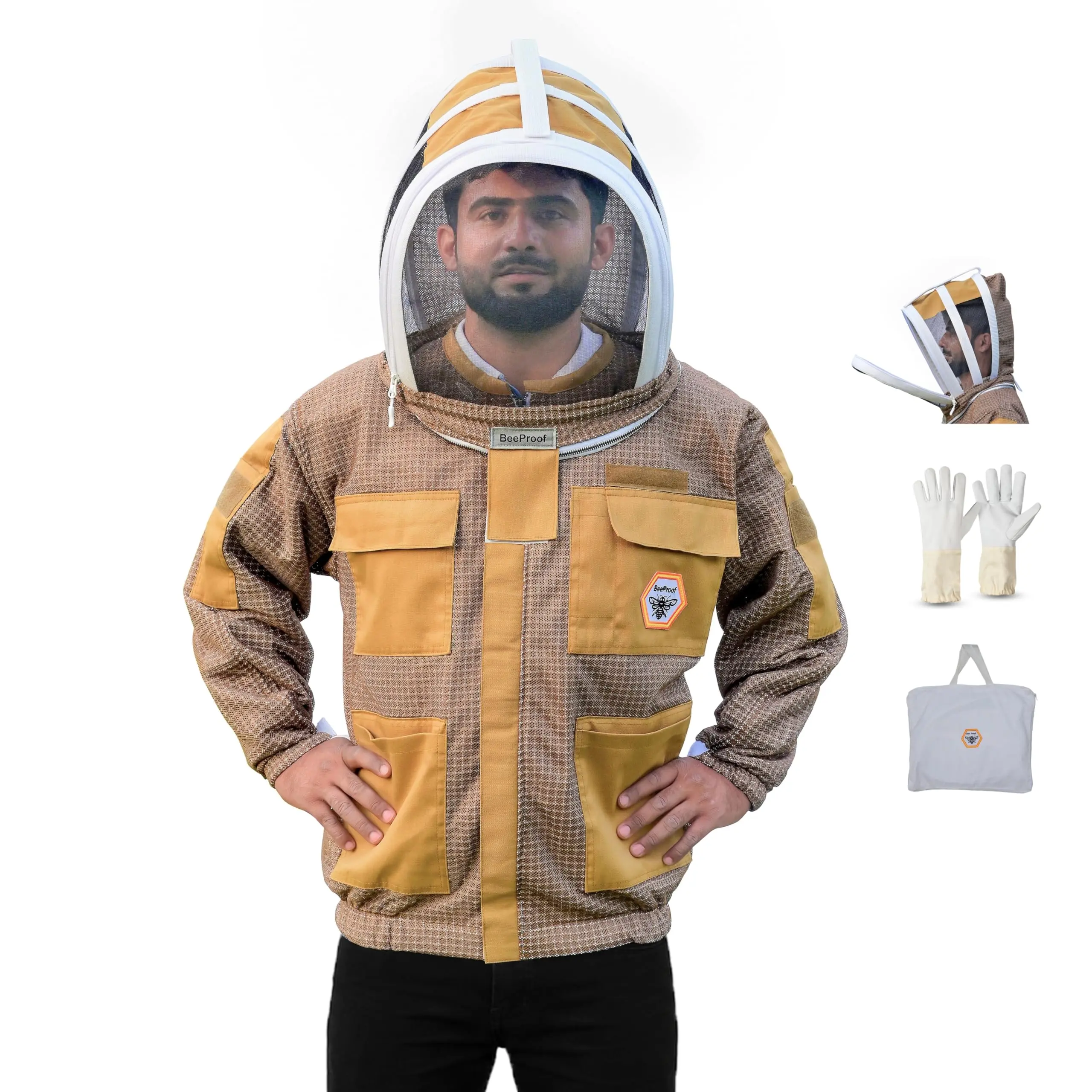 Bee Proof BP-301 Beekeeping with Veil 3 Layer Ultra Ventilated with YKK Brass Zippers & Safety Fencing for Professional (Brown) 5XL