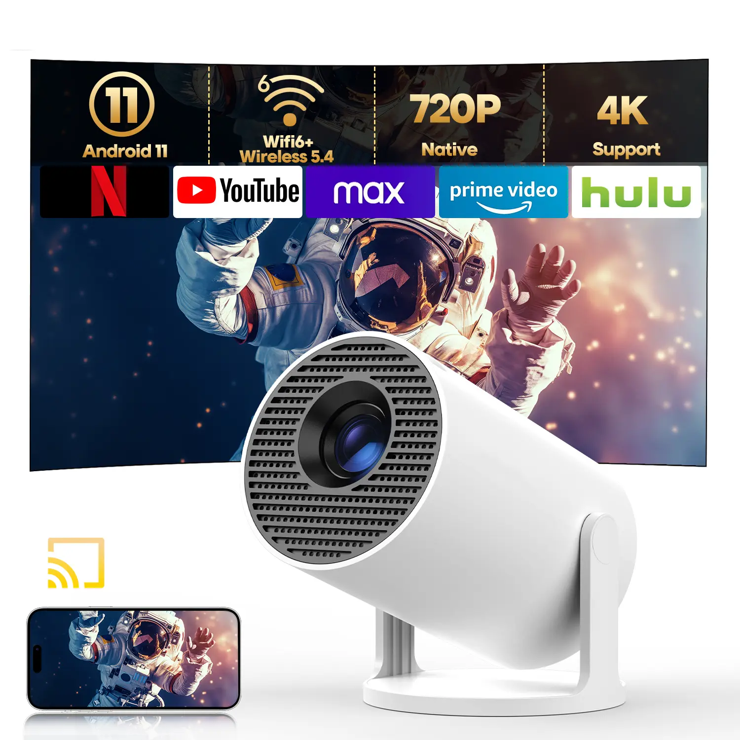 HY300Pro Portable Projector 290ANSI Lumens 8K/4K/1080P Decode 2.5&5.8G Dual WiFi6 Smart Android 14 BT5.4 Native 1280*720P Built-in Speaker Auto Keystone Correction Home Cinema Movie #SummerWins #DealsForYouDays
