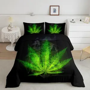 Marijuana Weed Comforter Set,Adult Cannabis Leaves Bedding Set,Exotic Leaves Rustic Down Comforter,Women Maple Leaf Quilted Duvet Bedroom Decor