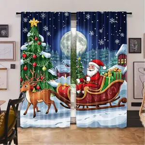 Set of 2, Christmas Curtains - Magic Winter Night Scene with Santa Claus, Reindeer and Snow Scene - Half Blackout Rod Pocket Curtain, Suitable for Living Room Bedroom Kitchen Study Home Decoration, Christmas Theme Decoration, Christmas Products.