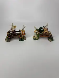 Set of 2 K's Collection Easter Bunny Rabbit Wooden Bridges Resin Figurines