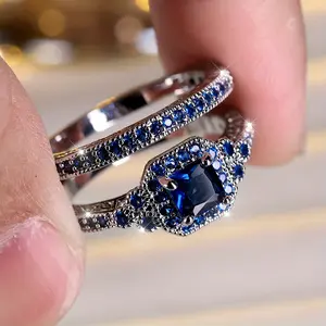 2pcs/Set Fashion Princess Cut Blue Stone Engagement Ring Set Silvery Color Circle Ring Set Wedding Jewelry
