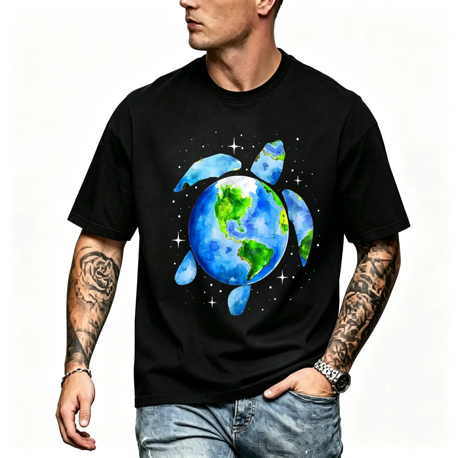 Men Short Sleeve T Shirts Earth Day 2022 Restore Save the Planet Earth Sea Turtle Art Graphic Tee Casual Style