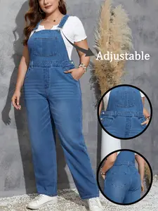 Mid Blue High-Waisted Denim Overall Pants, Womenswear, Y2K Millennial Style, Adjustable Straps, Practical Front Pockets, Flattering Fit