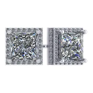 Princess Halo Earrings W/ Pure Brilliance Zirconia In Sterling Silver Mounting, Hypoallergenic
