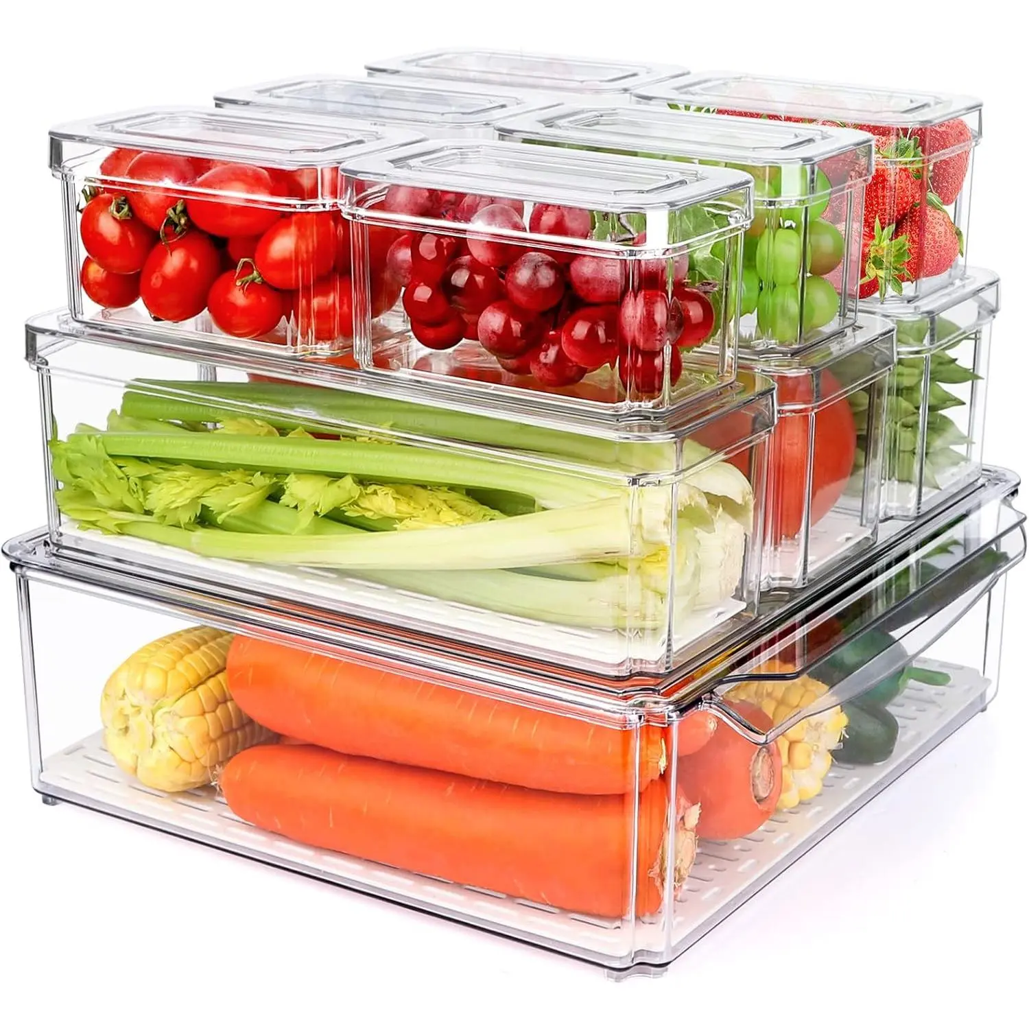 10Pack Fridge Organizer,Stackable Refrigerator Organizer Bins with Lids,With a Pull-out Large DrawerBPA-Free ProduceFruit Storage Containers for Food, VegetableStorage Durable Kitchen Appliances