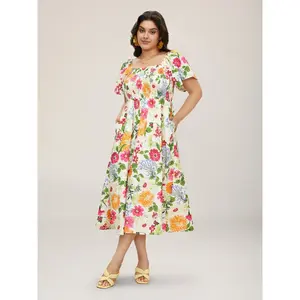 【Summer Turn-Up】【Pocket Approved】 Bloomchic Floral Shirred Square Neck Pocket Midi Dress for Women Bohemian Style Short Ruffle Sleeve Summer Casual Vacations Comfortable Fit Stylish Design Black 2026 Summer Pick for Mother's Day