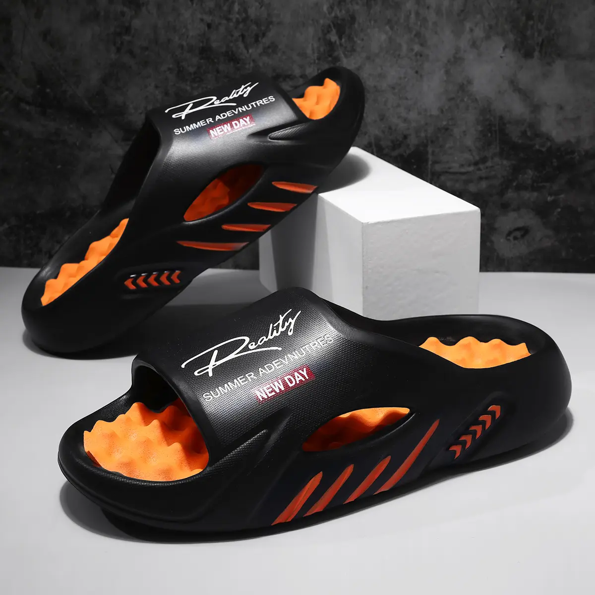 Men’s Massage Slide Sandals, Breathable Hollow Summer Slides with 3D Textured Footbed, Lightweight Non-Slip Sole, Cushioned Comfort Walking Shoes for Beach, Pool, Shower & Indoor Use