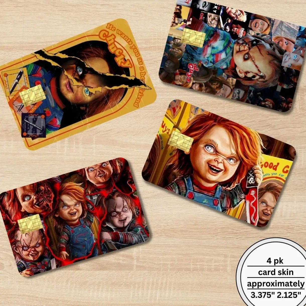 Horror Doll Holographic Card Sticker Covers, 4-Pack Peel-Stick Film with Spooky Look, Fits Most Debit/Credit/Gift Cards (3.375in x 2.125in), Office Stationery Decor, Card Sticker Cover