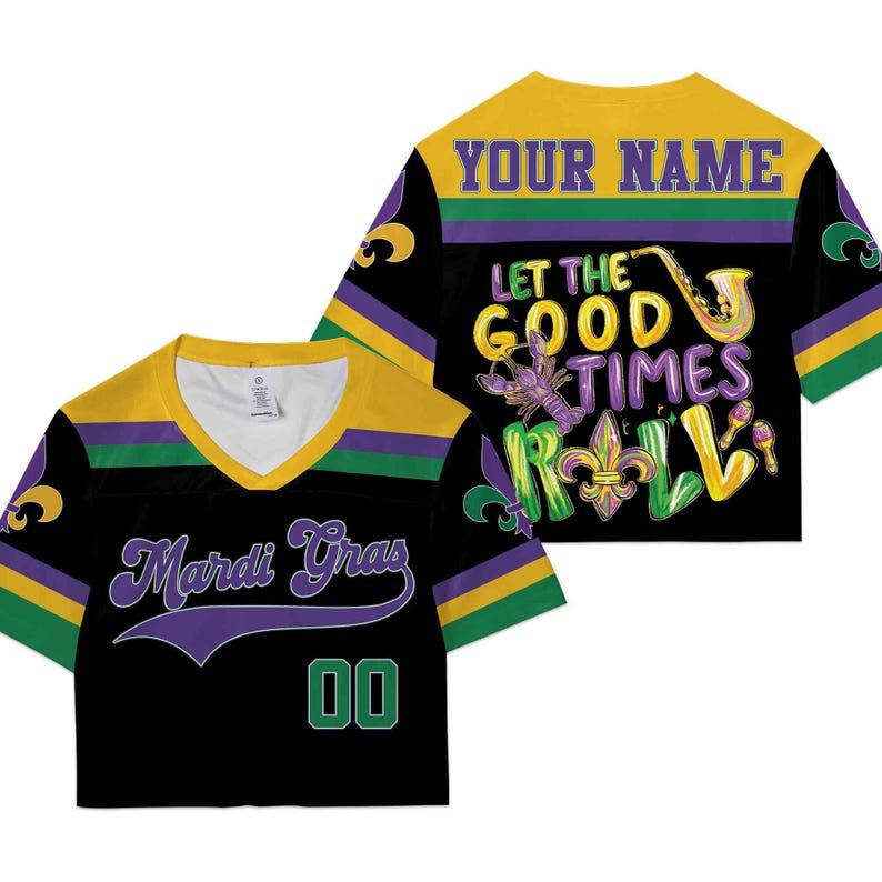 Personalized Mardi Gras Crop Top Football Jersey, Custom Name Mardi Gras Football Jersey, Jersey Uniform For Football Fans Mardi Gras Outfit
