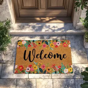 Floral Welcome Coco Doormat, Colorful Entryway Door Mat, Botanical Welcome Mat, Pretty Natural Coir Mat, Flower Design Farmhouse Doormat