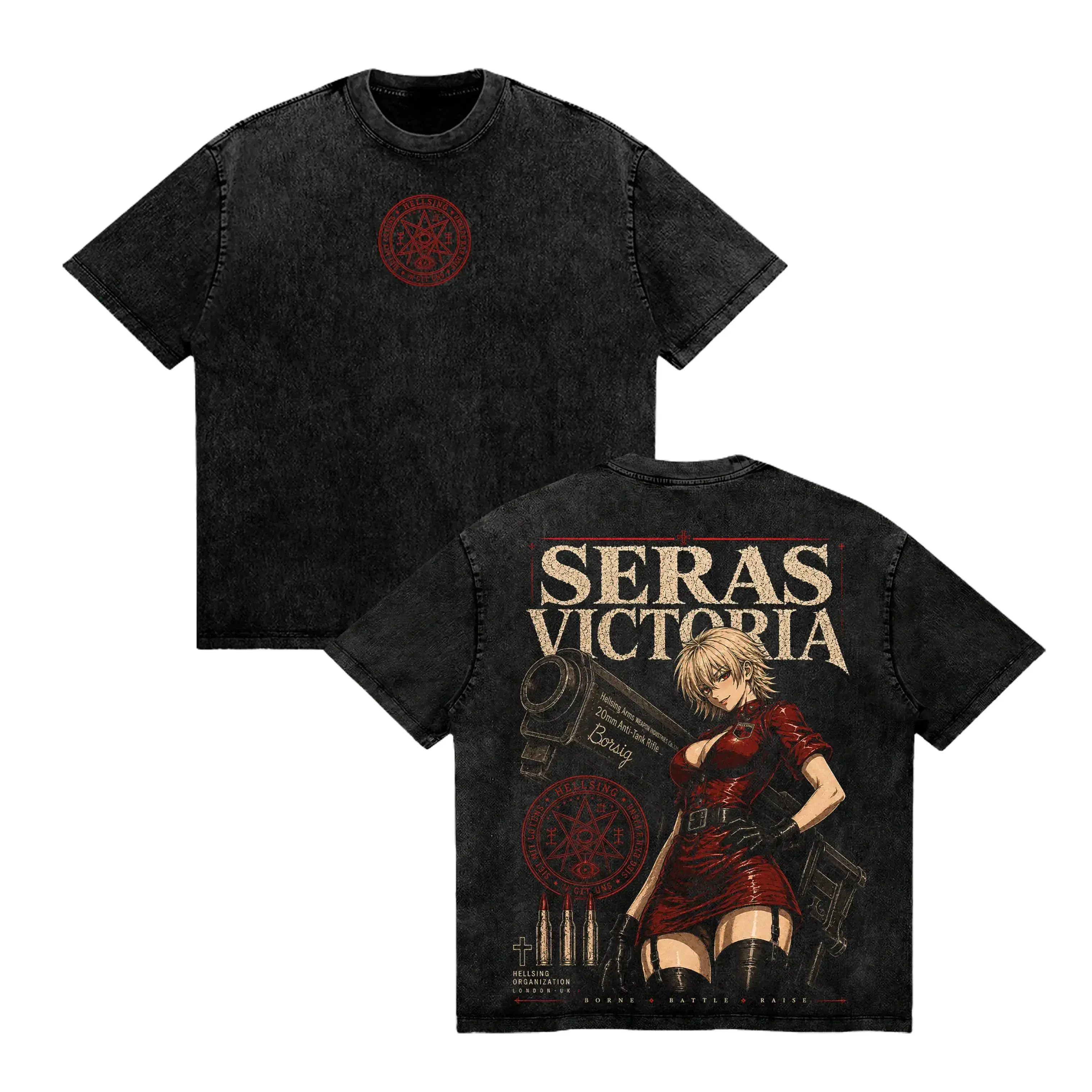 Oversize Hellsing Alucard Graphic T-Shirt for Men, Acid Washed Heavyweight 230g Cotton, Loose-Fitting Casual Anime Crew Neck, Anime Merchandise, Do Not Dry Clean, Cold Wash, 7-Day Hassle-Free Return Policy, Machine Washable, Print, S, Short, S–3Xl