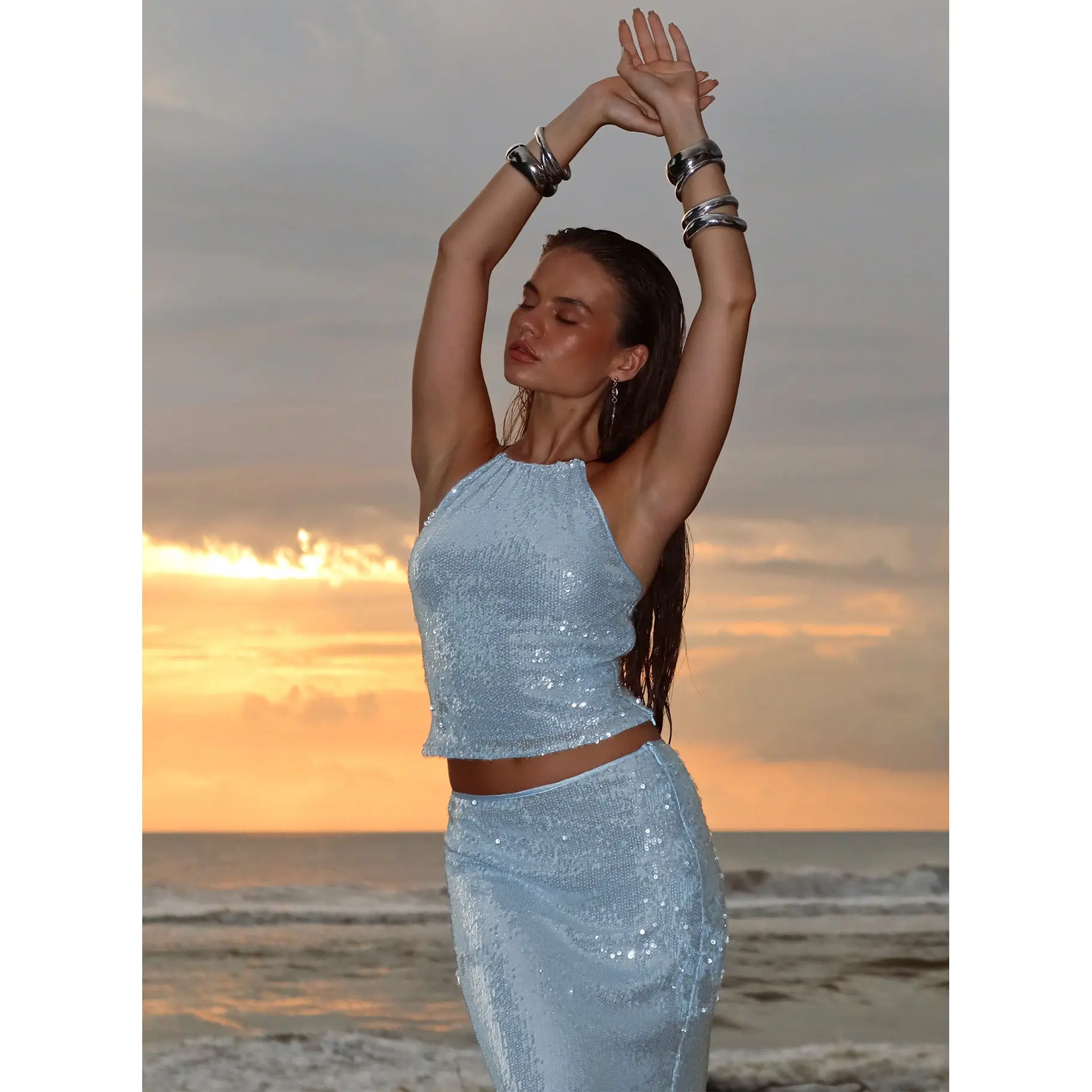 Emalia Halter Sheer Sequin Top Blue