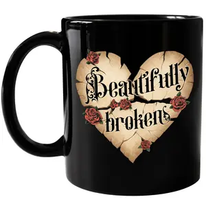 CupiCo Beautifully Broken Gothic Ceramic Mug, Vintage Motivational Coffee Mug, Inspirational Bible Verse Tea Cup, Brokenhearted Positive Vibes Cup