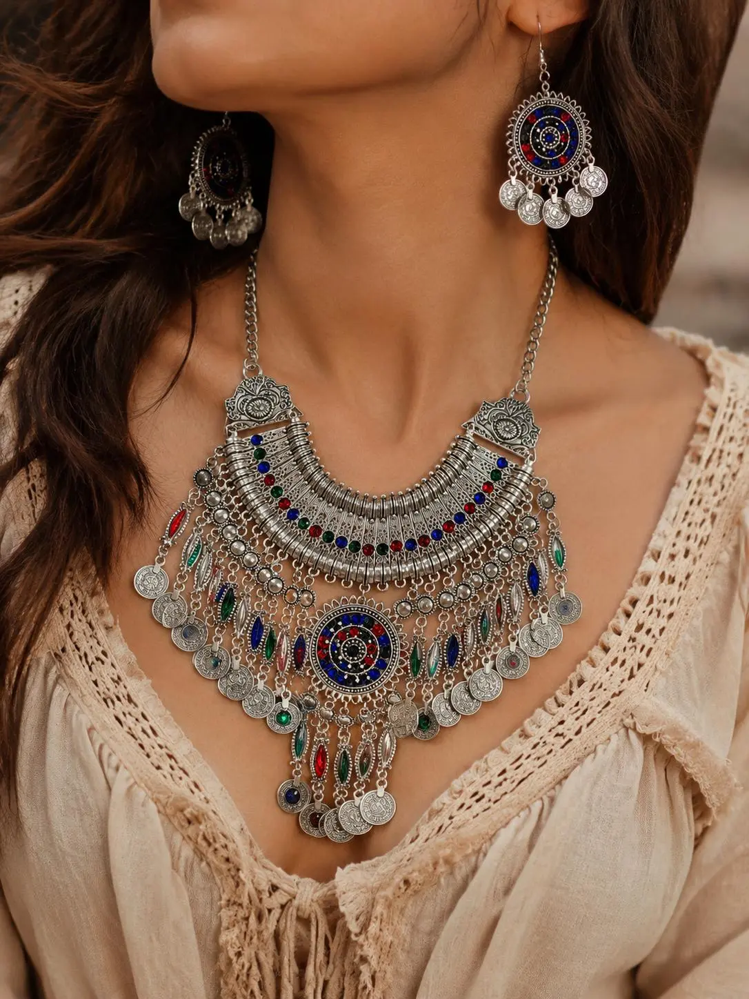 UA#15 Heavy Statement Necklace & Earring Set, Boho Tribal Jewelry with Textured Coins & Colorful Gem Accents for Unisex Festival Looks