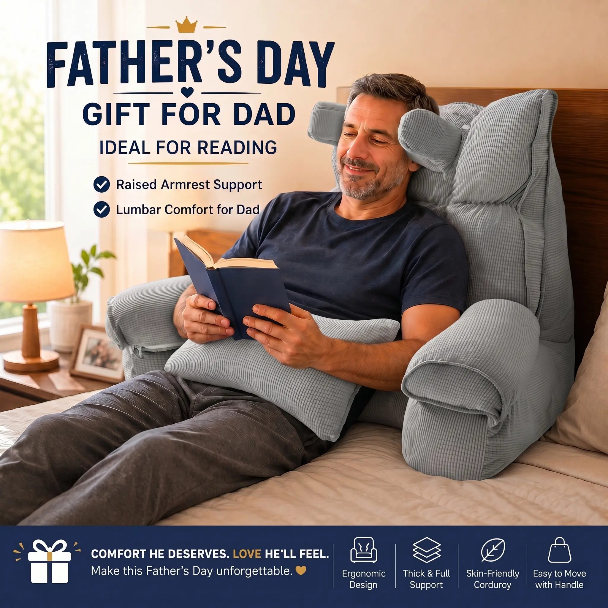 Extra Large Extra Wide Bed Reading Backrest Pillow for Dad - Thick, Non-Collapse Support Cushion for Reading, Gaming - Removable Washable Cover